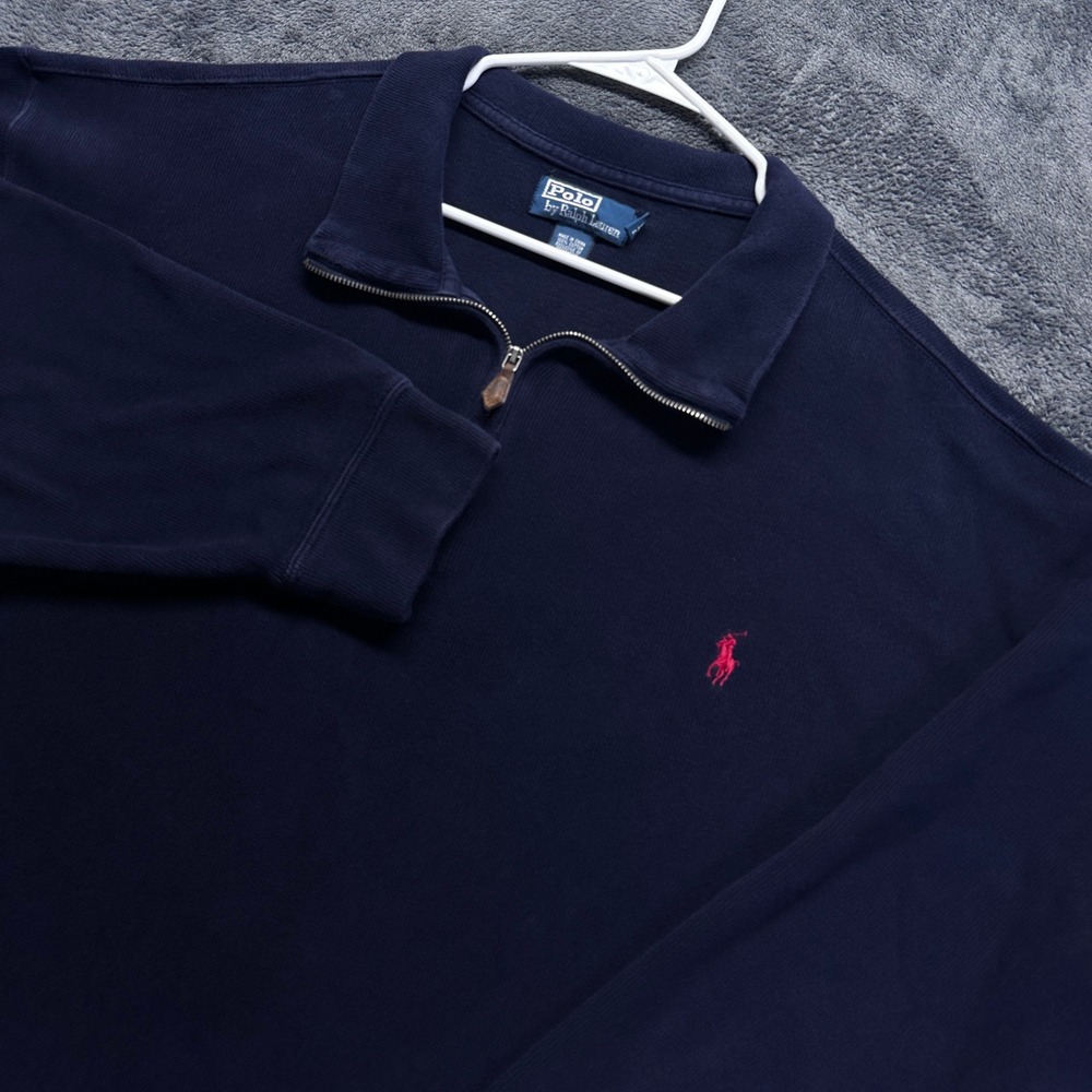 Polo Ralph Lauren Quarter Zip Pullover Mens 2XB Navy Blue Cotton Pique Pony Logo